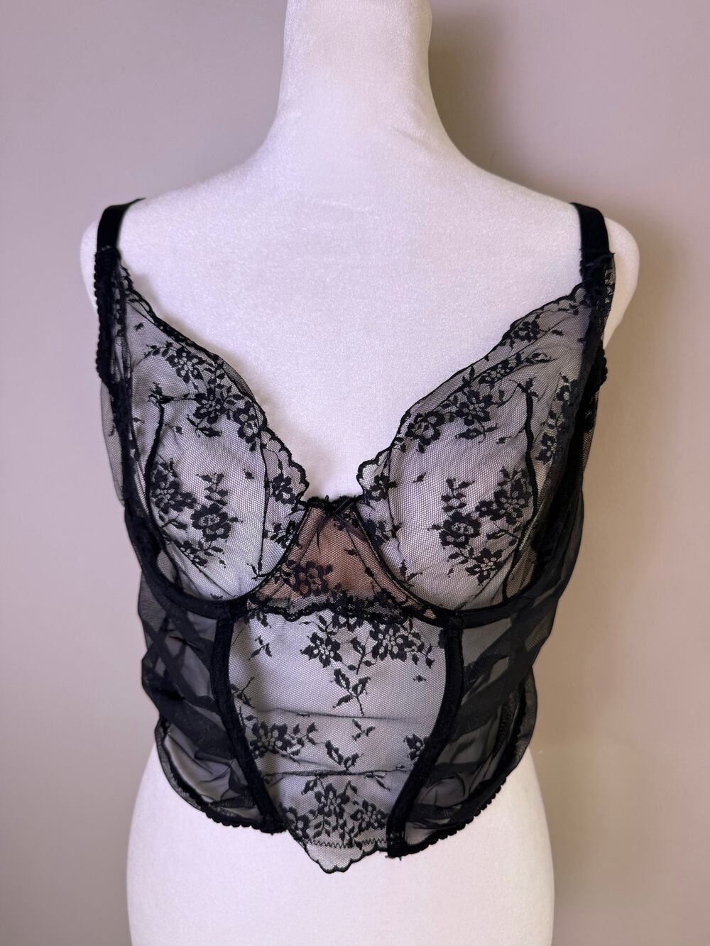 Adore Me 38DD Black Lace Longline Bustier Corset Bra Sheer Mesh Underwire